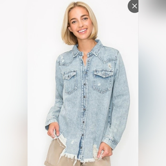 Risen Jeans Tops - Risen Distressed Fringe Acid Washed Denim Blue Cotton Shirt Jacket Size XLarge